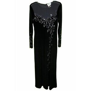 Stenay Vintage Black Velvet Maxi Dress Beaded Mesh Yoke Long Sleeve Size 6